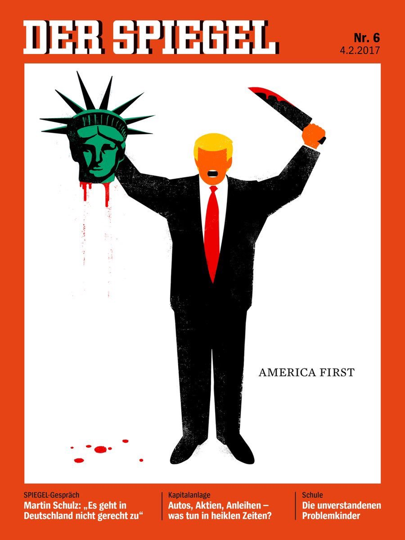 President Trump is depicted beheading the Statue of Liberty in this illustration on the cover of the latest issue of the German news magazine Der Spiegel. (Credit: Reuters)